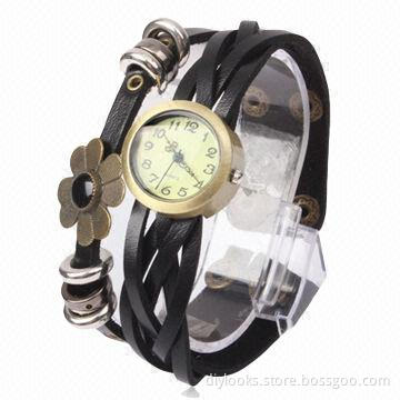 Fashion Flower Quartz Watch, Wrist Watch with PU Leather Band